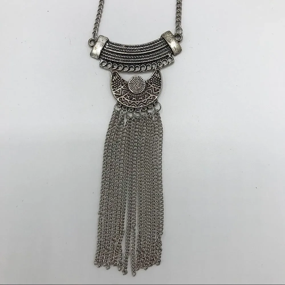 Western Silver tone Fringe Moon Metal Long Necklace Bohemian Southwestern